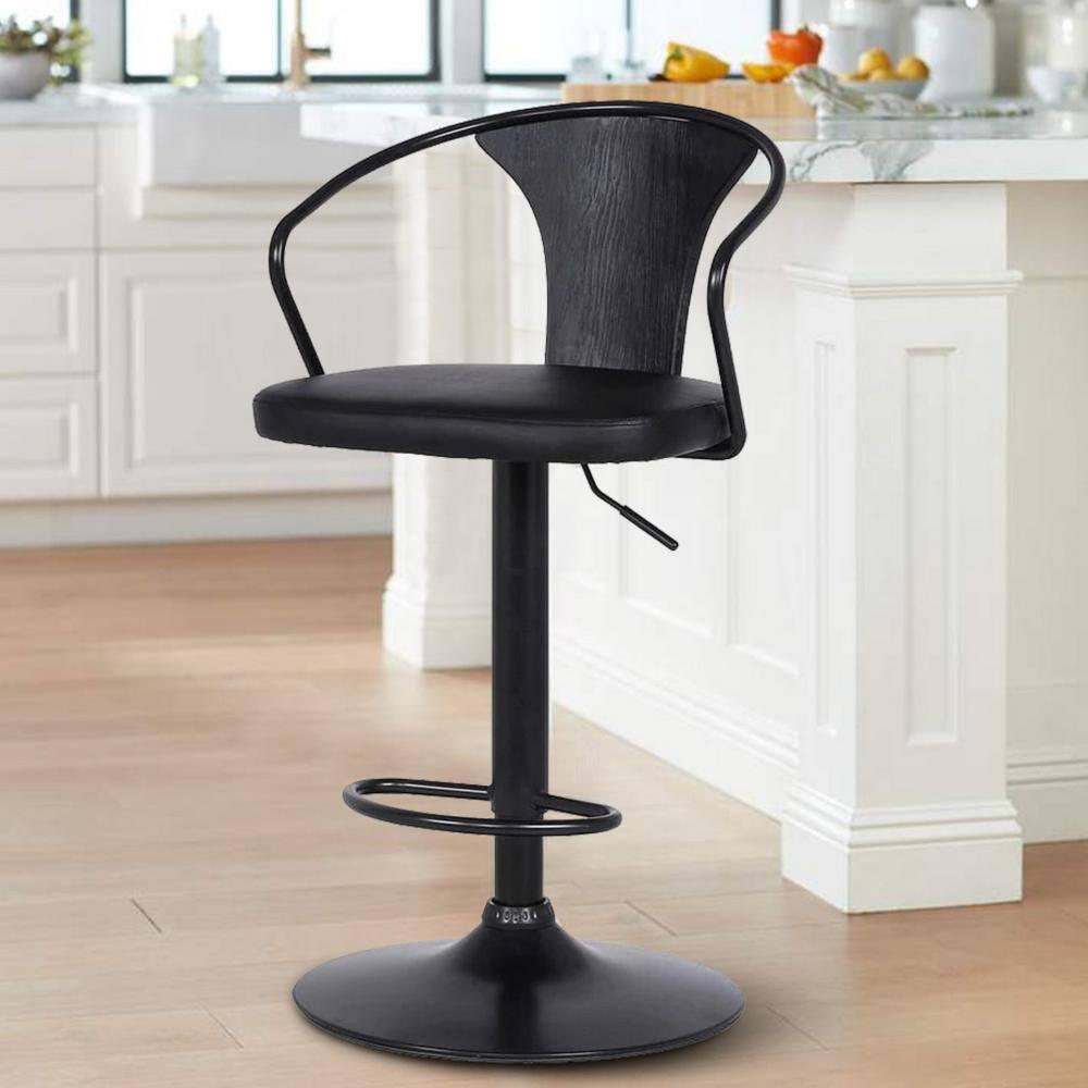 Benjara Adjustable Leatherette Swivel Barstool with Curved Back, Black