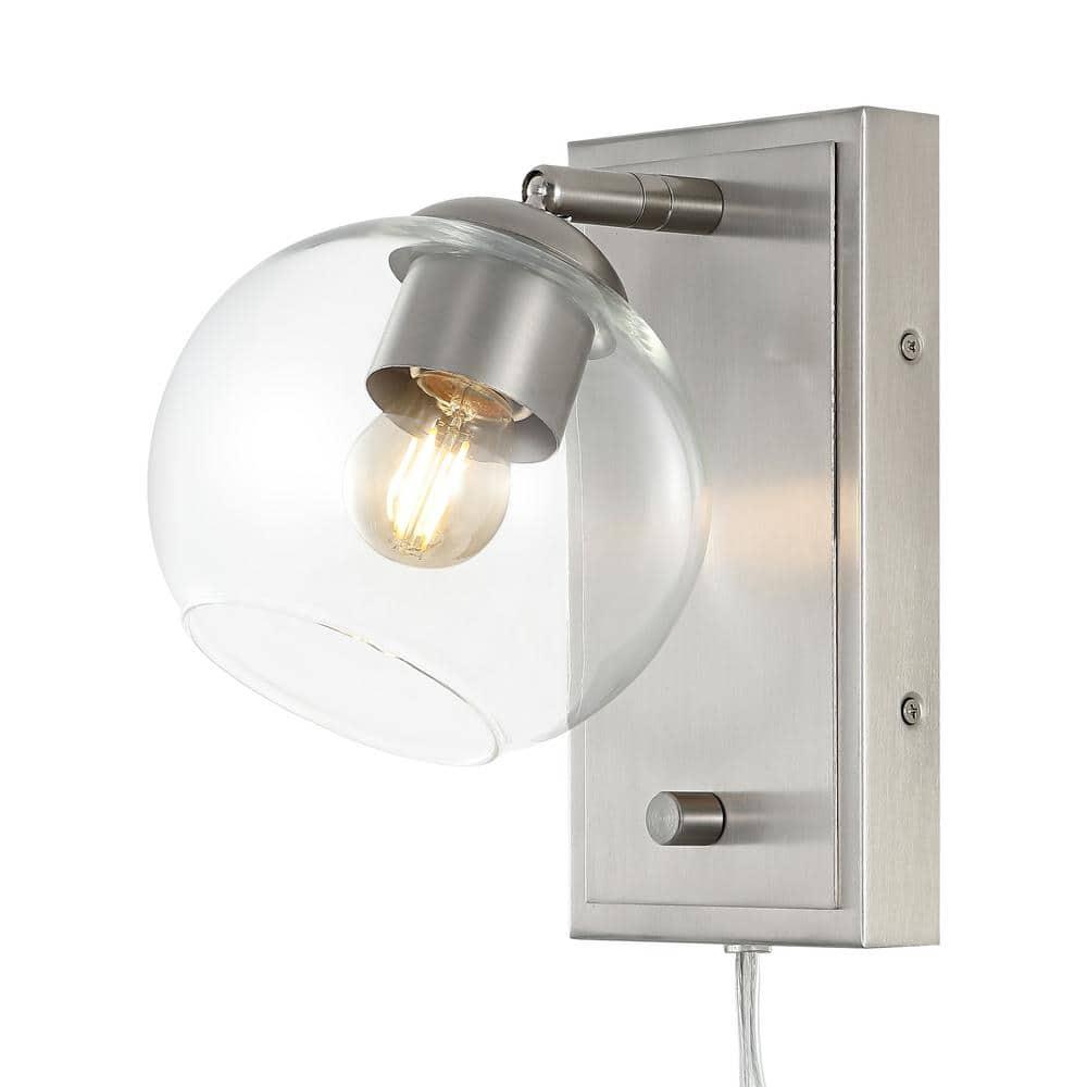 Hugo 6" 1-Light Minimalist Modern Plug-In or Hardwired Adjustable Iron LED Wall Sconce with Rotary Dimmer, Nickel with Clear Globe