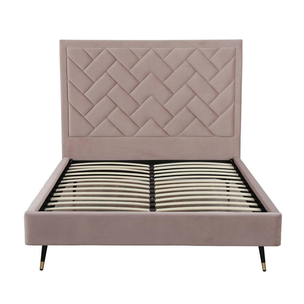 Manhattan Comfort Queen Crosby Modern Velvet Upholstered Bed Blush: Chic Wingback Design, Foam-Filled, No Box Spring Needed
