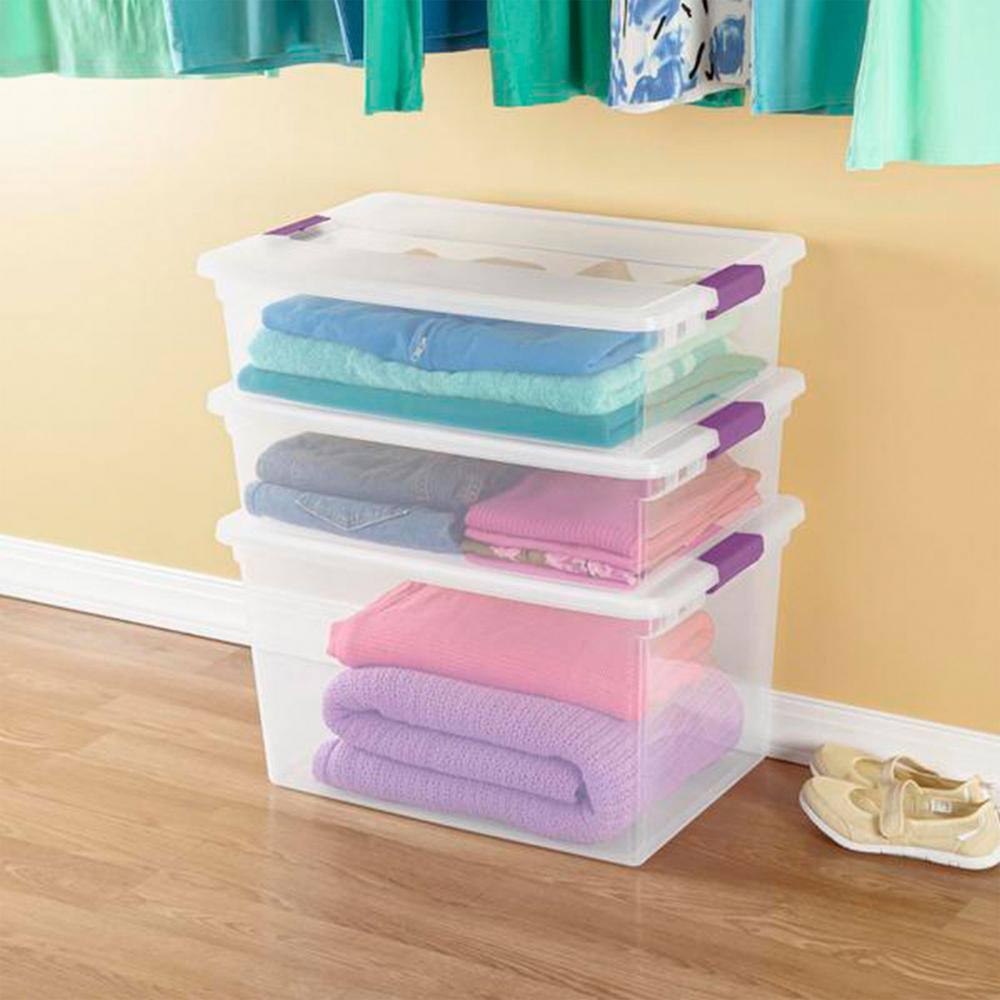 Sterilite 66 Qt ClearView Latch Storage Box, Stackable Bin with Latching Lid, Plastic Container to Organize Clothes in Closet, Clear Base, Lid, 6-Pack