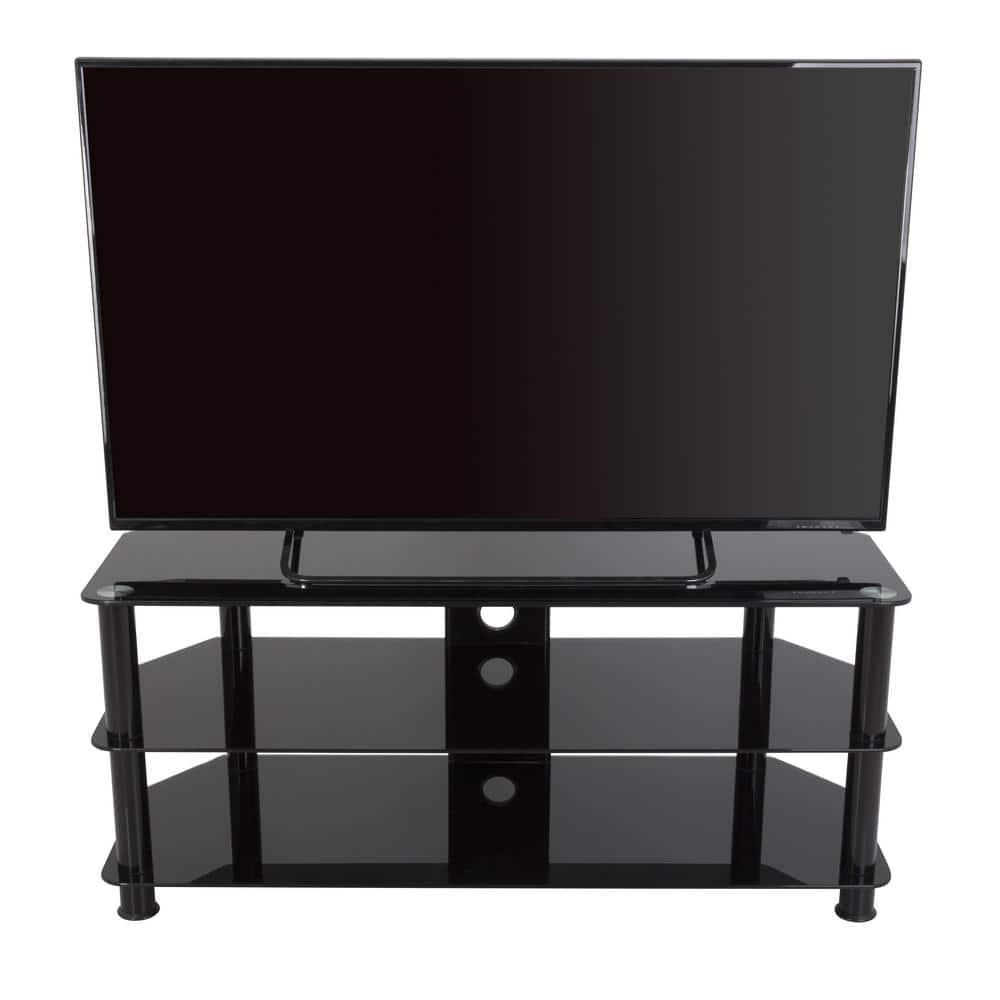 39 in. Black Glass TV Stand Fits TVs Up to 55 in. with Open Storage
