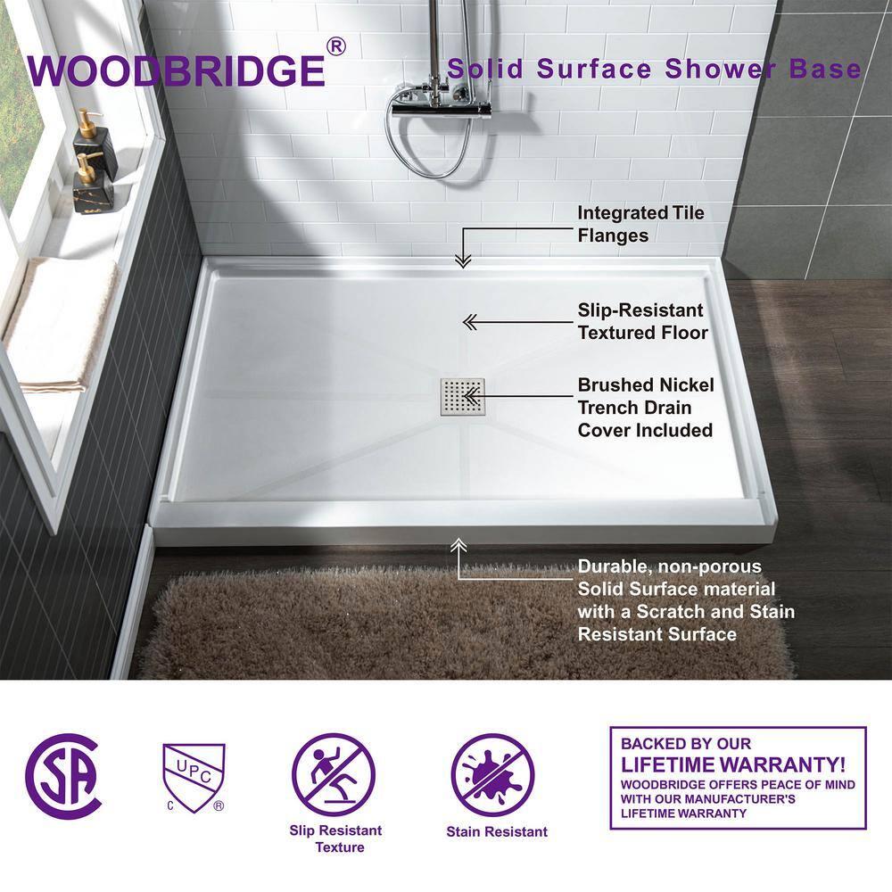 60" x 36" Solid Surface Single Threshold Shower Pan Base with Drain Assembly & Drain Cover Included, Non-Slip