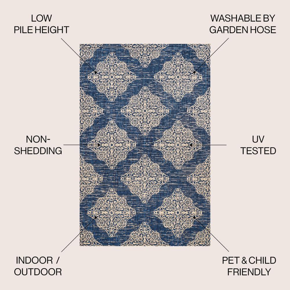 4'x6' Tuscany Ornate Medallions Indoor/Outdoor Area Rug, Navy/Beige - JONATHAN Y