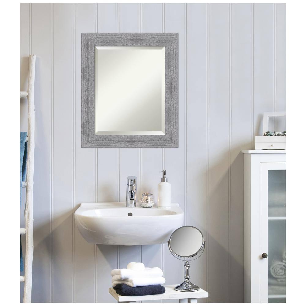 Amanti Art Beveled Bathroom Wall Mirror - Bark Rustic Char Frame Bark Rustic Grey Outer Size: 21 x 25 in Silver, Brown, Grey