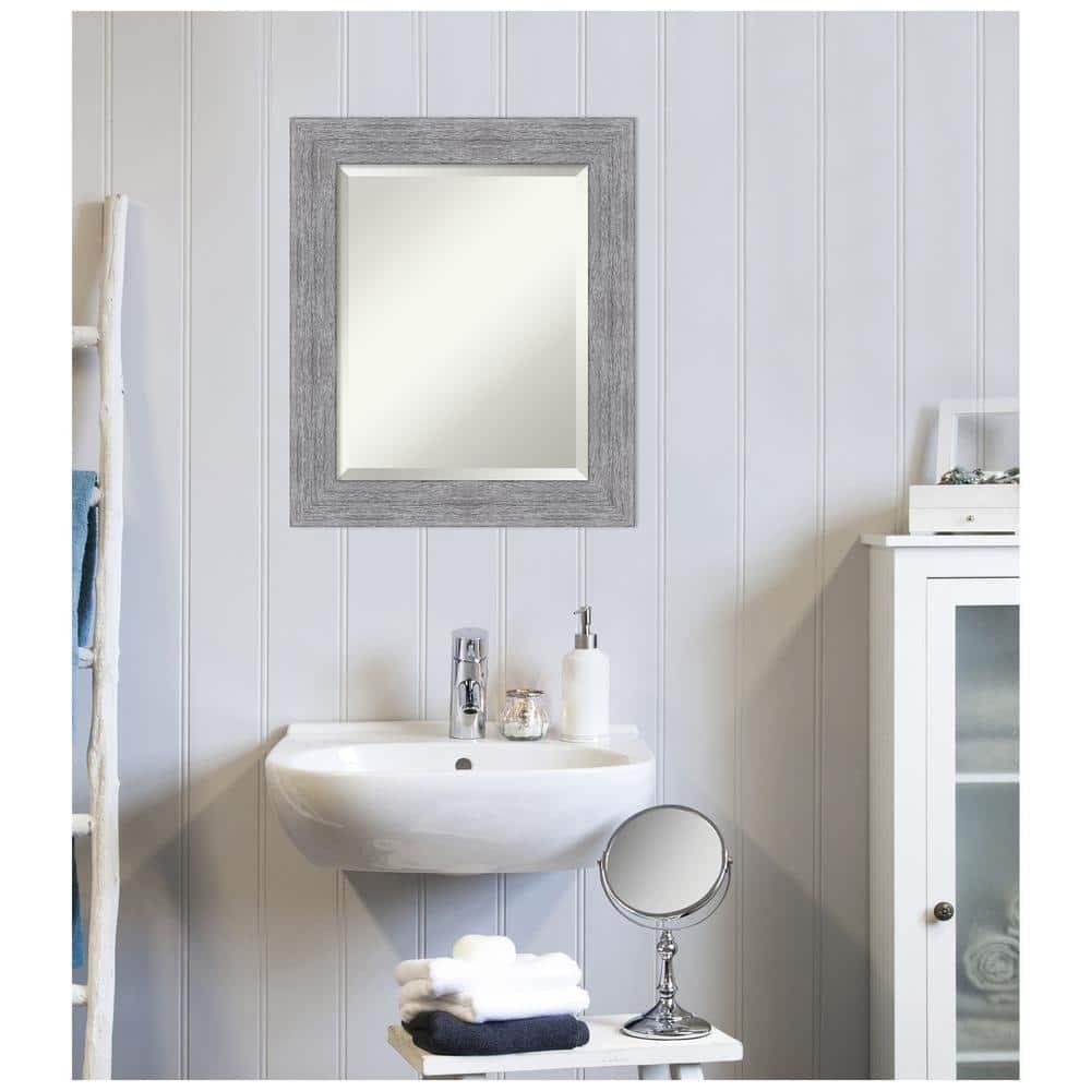 Amanti Art Beveled Bathroom Wall Mirror - Bark Rustic Char Frame Bark Rustic Grey Outer Size: 21 x 25 in Silver, Brown, Grey
