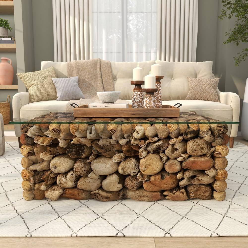 Millwood Pines Brown Wood Handmade Stacked Collage Coffee Table with Clear Glass Top