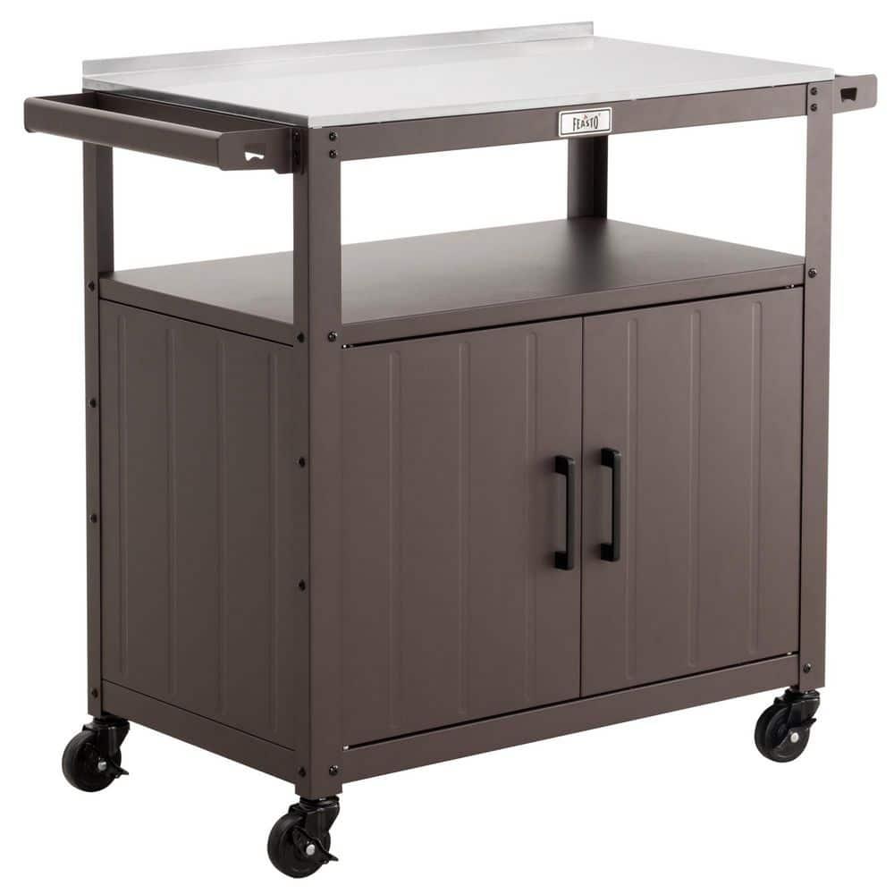 Feasto Feasto Outdoor Grill Cart with Stainless Steel Tabletop and Storage Cabinet, Movable Kitchen Island with Wheels for BBQ Food Prep