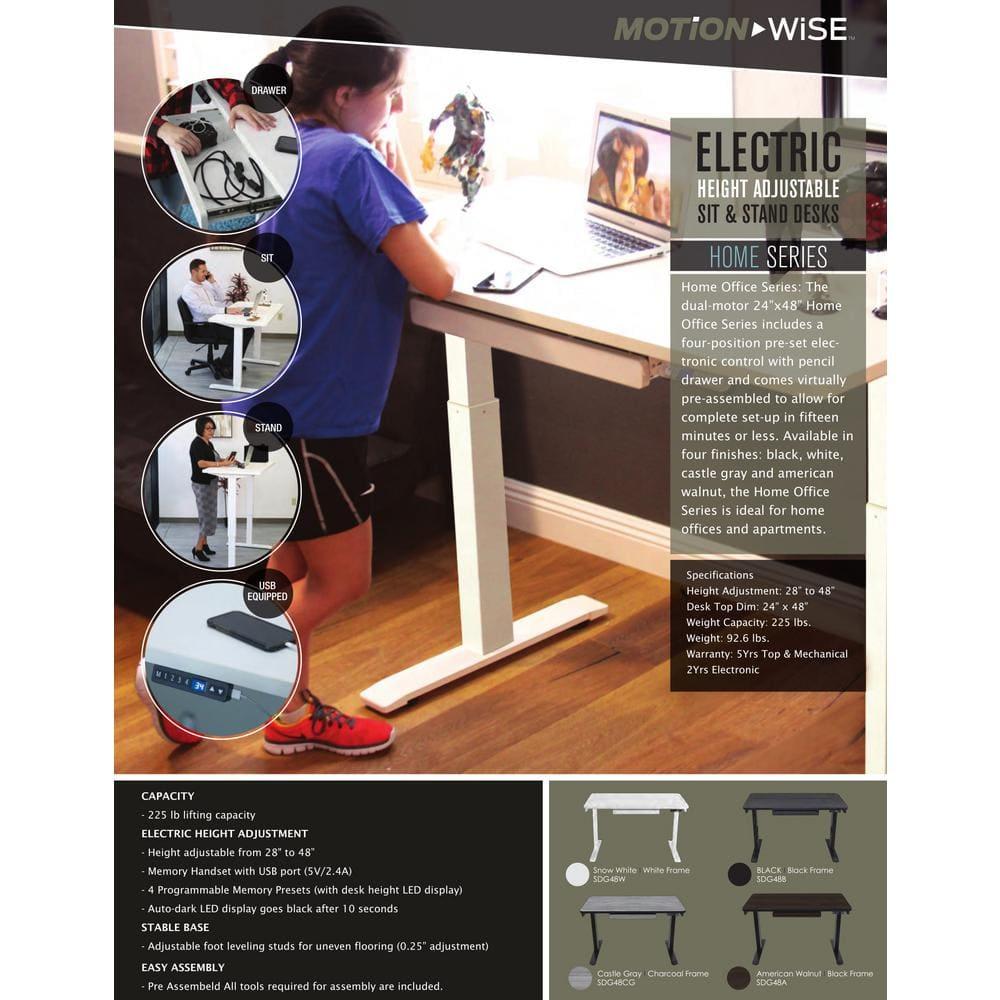 Motionwise White Electric Height Adjustable Standing Desk, 24”x48", Height Adjustable 28"-48" with 4 pre-set height adjustments and USB Charge Port, Multiple Colors