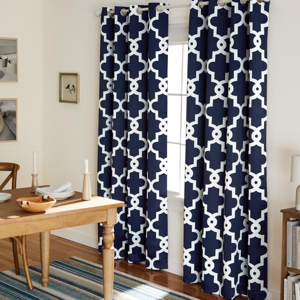 TOWN & COUNTRY EVERYDAY Ironwork Geo Trellis Sateen Indoor Curtains, Room Darkening Blackout, Grommet Top, Energy Efficient, 2-Pack Set, 52"x96", Peacoat Blue