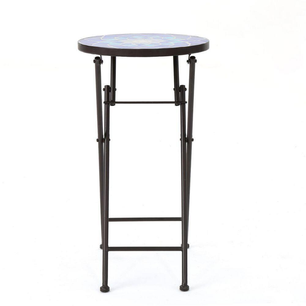 Fleur De Lis Living Folding Blue and White Top Side Table with Iron Frame, Multifunctional Plant or Beverage Stand