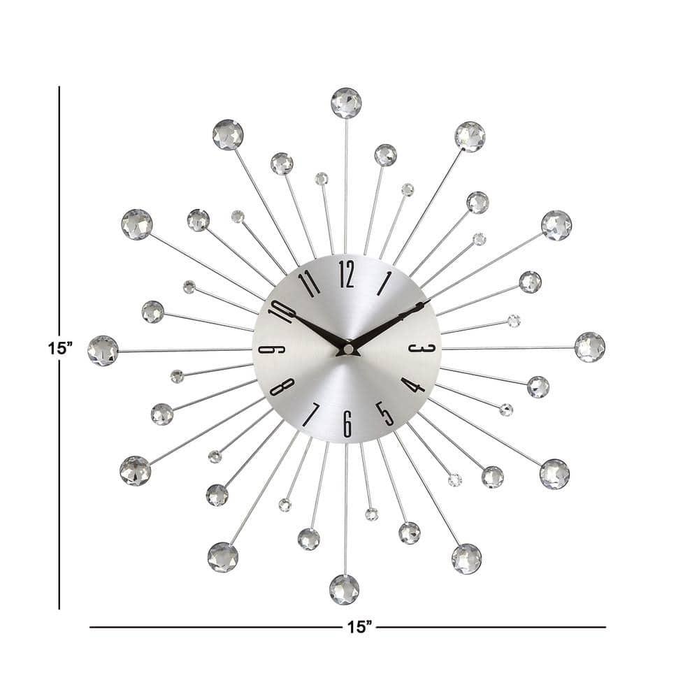 DecMode 15" Silver Metal Starburst Wall Clock with Crystal Accents