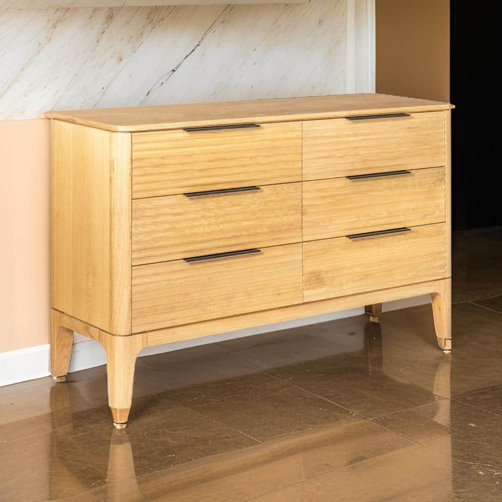 Benjara Cid Jima 59 Inch Dresser, 6 Drawers, Solid Wood in Natural Oak Finish