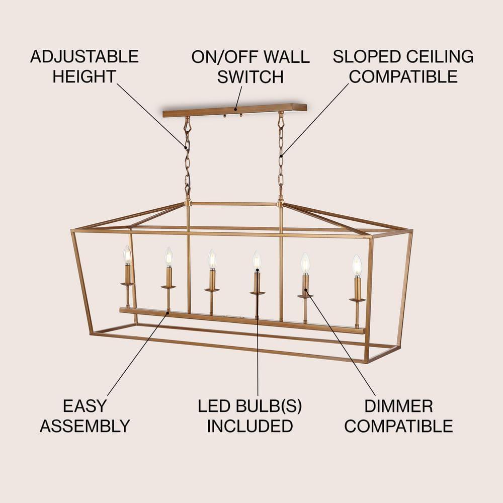 Pagoda 49" Linear 6-Bulb Lantern Metal LED Pendant, Antique Gold