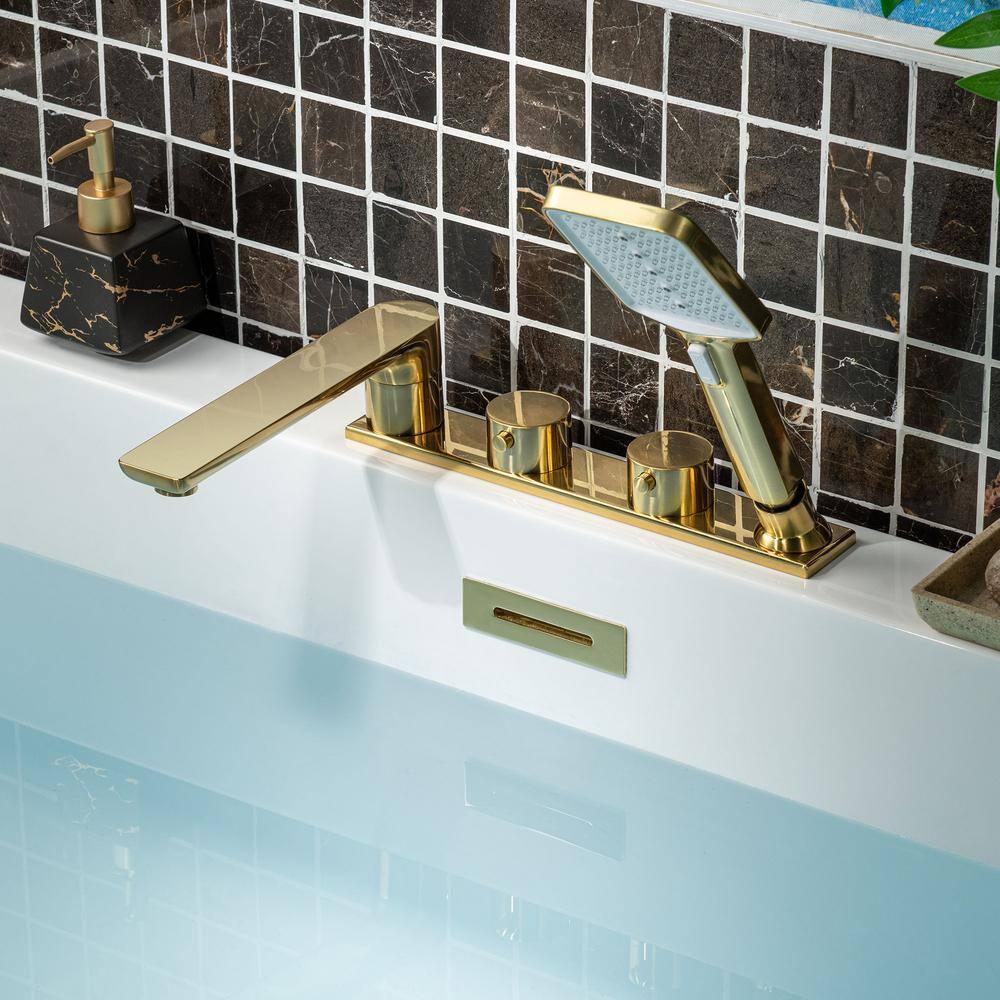 WoodBridge Widespread Deck Mount Roman Tub Faucet With Hand Shower, Two-Handle 4-Holes Bathtub Shower Faucet Set F0045BG
