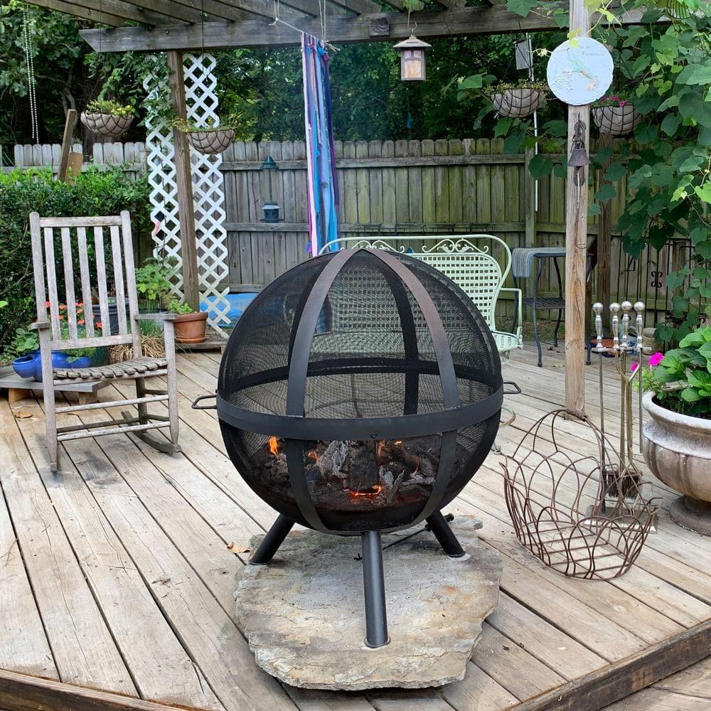 Sunnydaze Outdoor Portable Camping or Backyard Flaming Sphere Ball Fire Pit with Built-In Spark Screen - 30" - Black