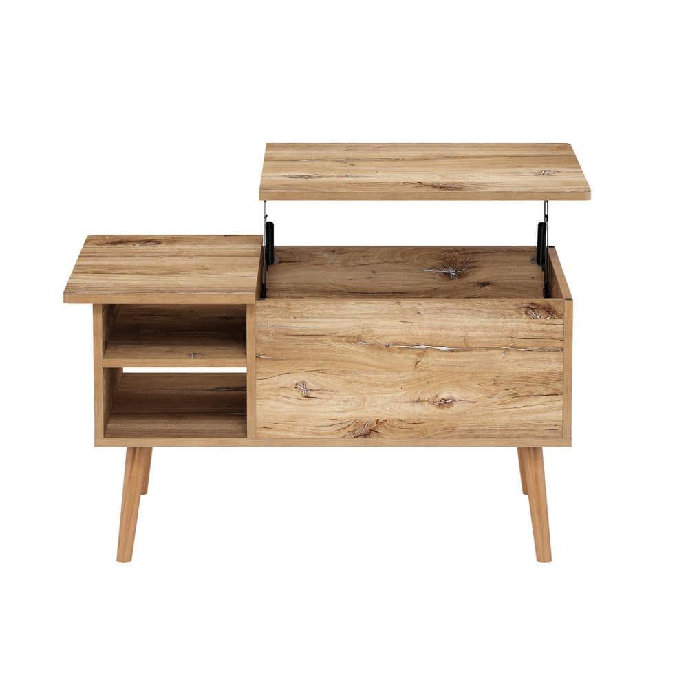 Furinno Jensen Wooden Leg Lift Top Coffee Table With Hidden Compartment and Side Open Storage Shelf for Living Room, Flagstaff Oak