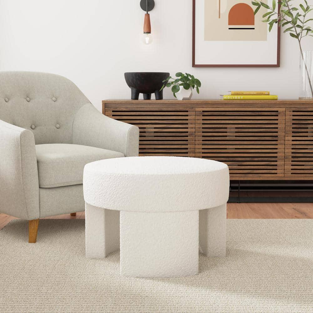 Sophia Ottoman Cream Boucle - HomePop: Modern Round Upholstered Footstool, No Assembly Required