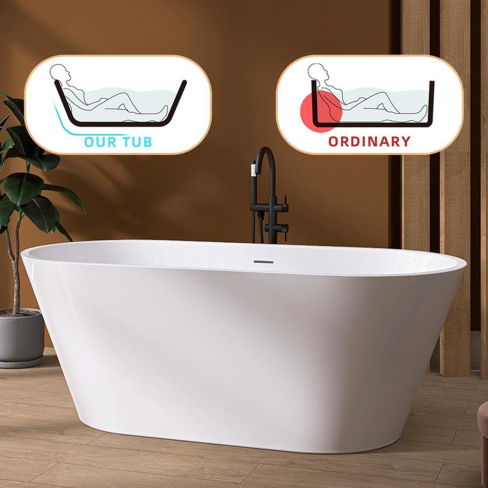 55" Freestanding Soaking Acrylic Bathtub Contemporary Stand Alone Tub with Pop-Up Drain