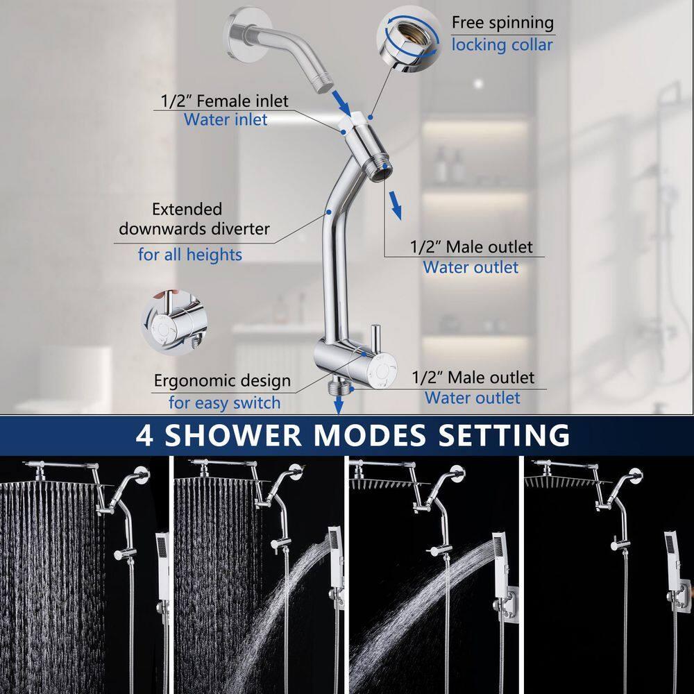 PDPBath All Metal 12'' Rainfall Shower Head with Handheld Combo, Upgrade 3-Way Diverter with Pause Setting, High Pressure Rain Shower Head with Z-shaped Extension Arm, 59" Hose, Brushed Nickel