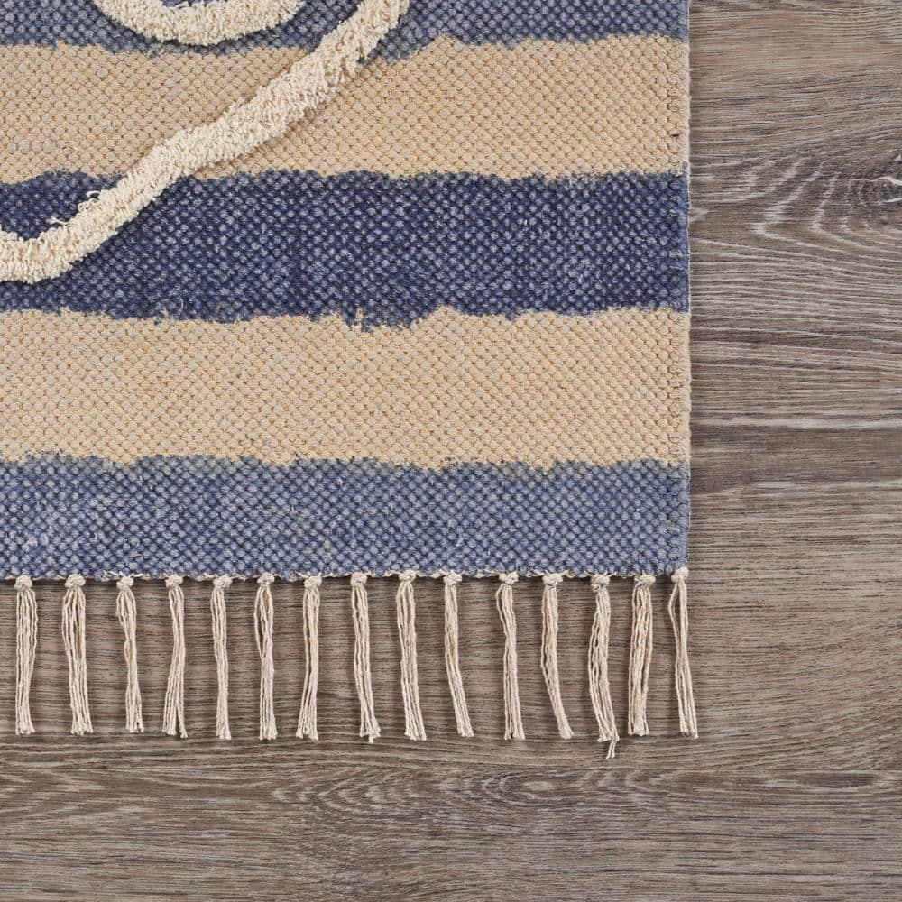 Ox Bay Blair 2'6" x 3'9" Blue/Beige Shag Anchor Striped Durable Indoor Area Rug