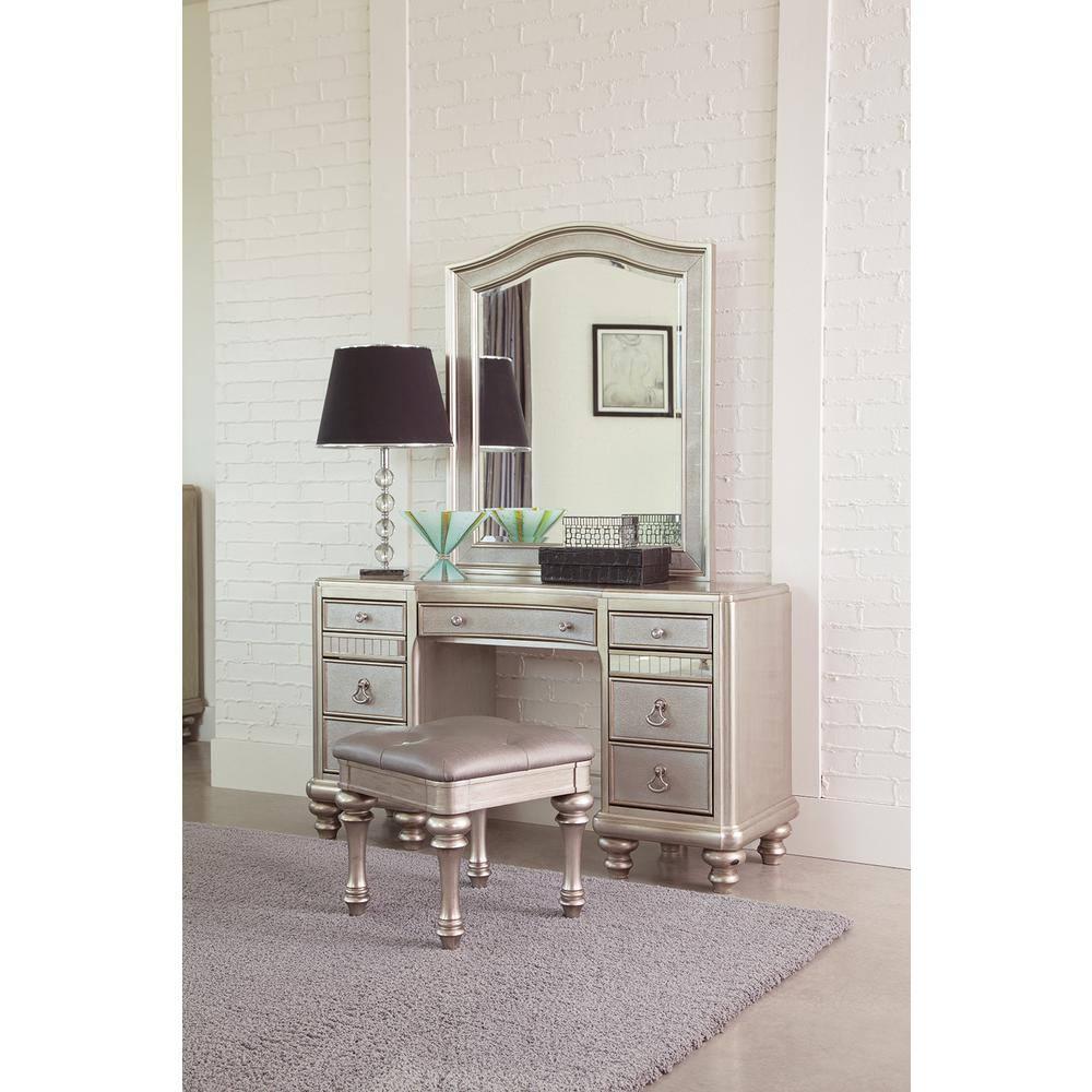 CintBllTer Bling Game Modern Glam Upholstered Accent Vanity Stool Metallic Gray Faux Leather Silver Finish