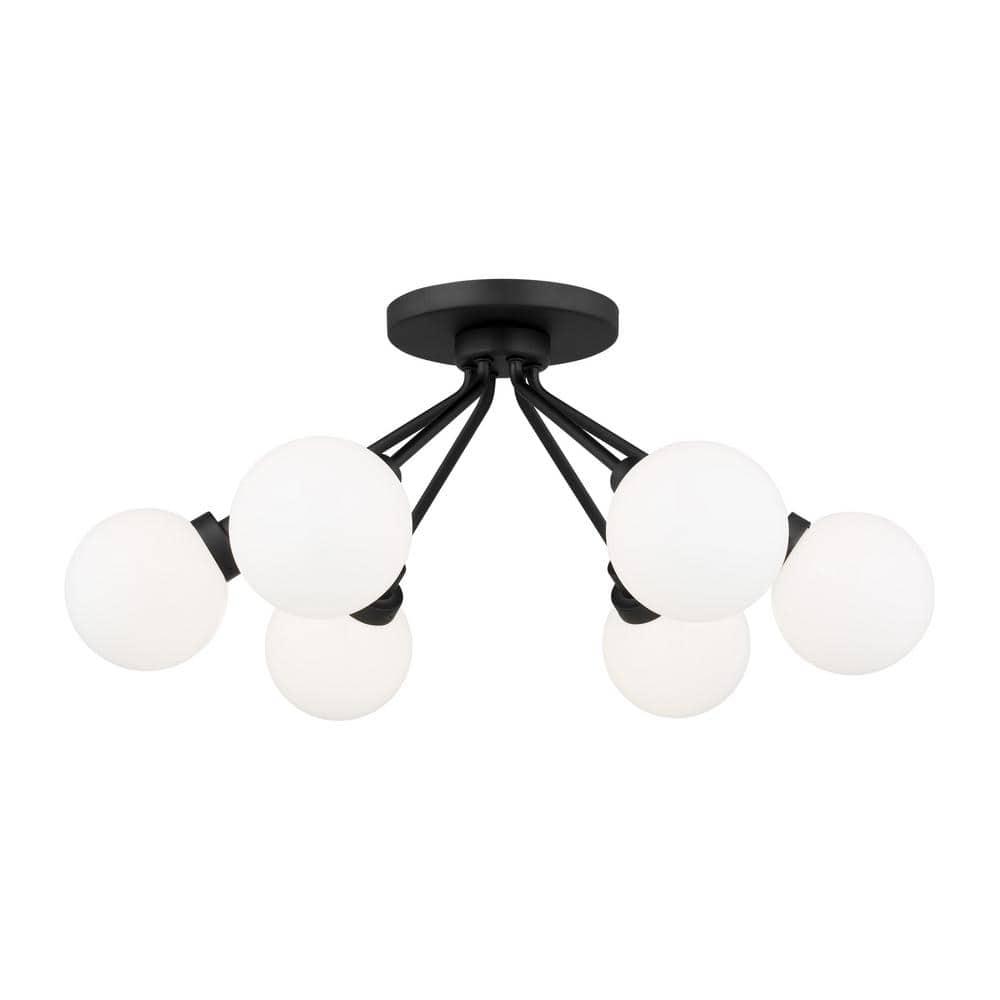 Donovan Matte Black 24" Modern Globe Semi-Flush Mount with White Glass