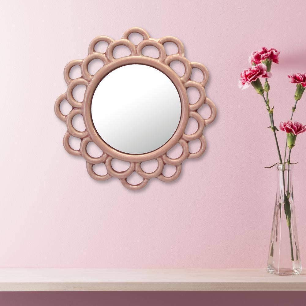 9" Decorative Round Floral Ceramic Wall Hanging Mirror Pink - Stonebriar Collection: Elegant Scalloped Edge, Keyhole Hanger