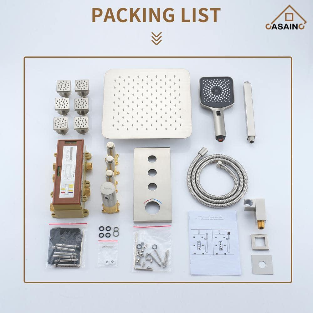 CASAINC 12'' Ceiling Mounted Square Shower System with Handheld Sprayer & 6 Body Jets, Brushed Nickel