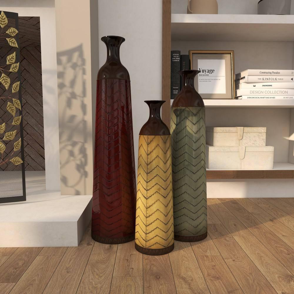 DecMode 32", 27", 22"H Tall Enameled Bottleneck Floor Multi Colored Metal Vase with Chevron Pattern, Set of 3