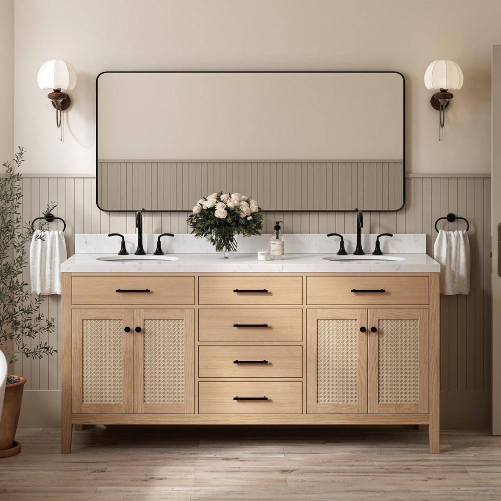 Camila 72 in. W x 22 in. D x 36 in. H Double Oval Sink Bath Vanity in White Oak with Carrara White Quartz Top