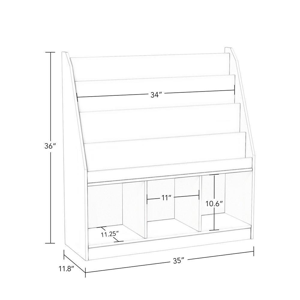 RiverRidge Kids Playroom Bookrack with 3 Toy Organizer Cubbies and 4 Book Shelves - White with 2 Gray Fabric Bins