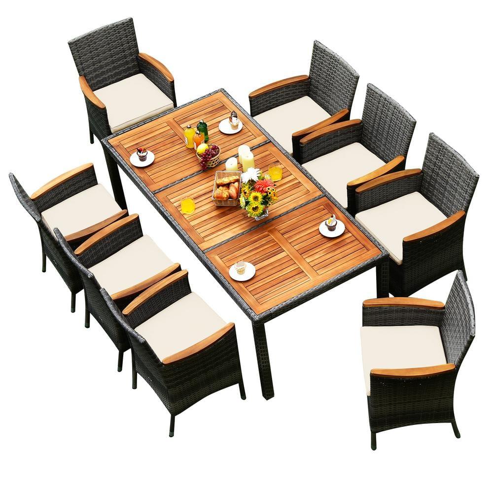 Costway 9 Pieces Outdoor Wicker Dining Set with Acacia Wood Table and 8 Armchairs