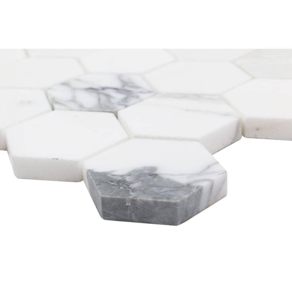 Hexagon Marble Mosaic Tile in White/Gray