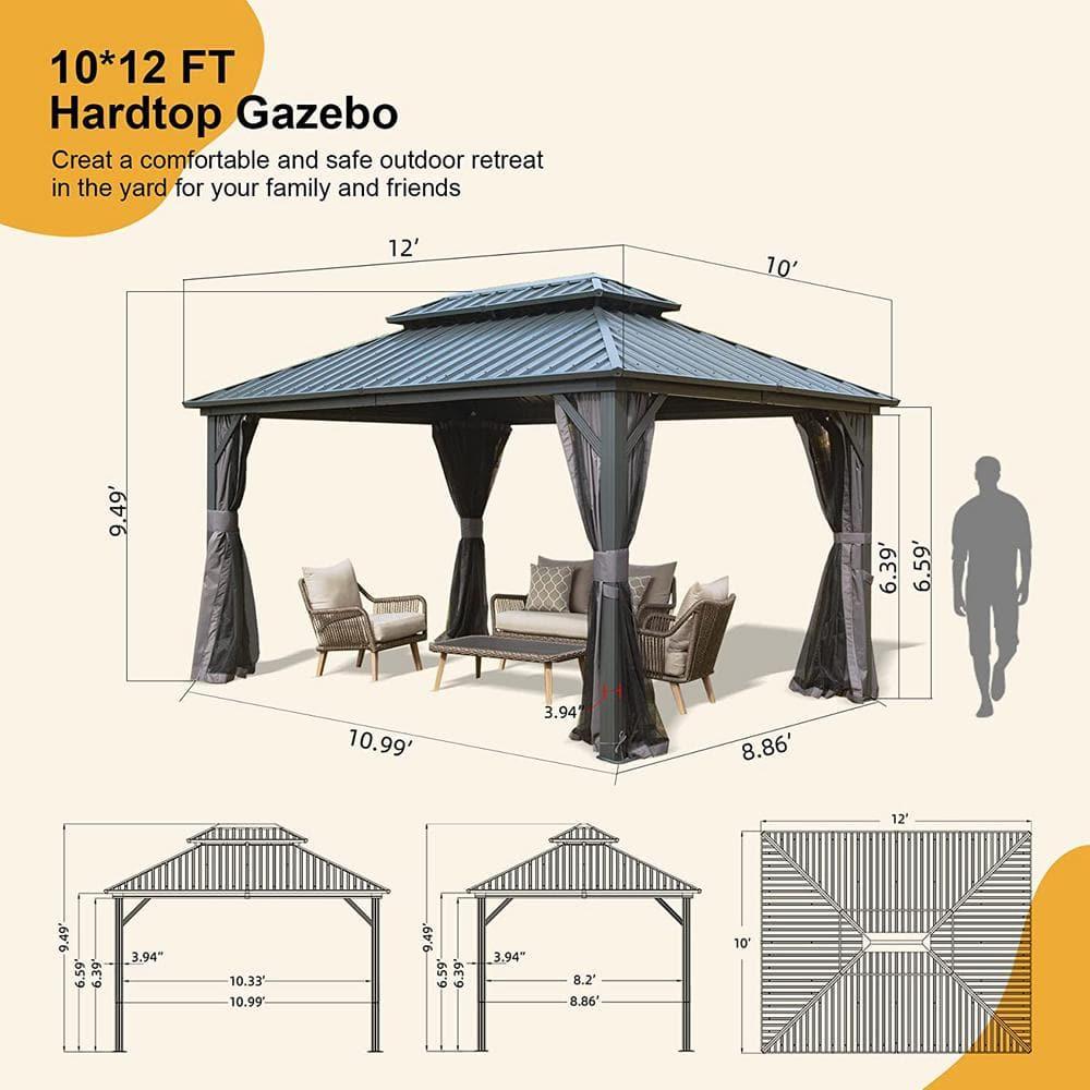 TOTAL Outdoor 10' x 12' Hardtop Gazebo, Galvanized Steel Double Roof Canopy W/Curtains and Netting, Drainage System, Sunshade for Deck, Lawns and Backyard, Gray.