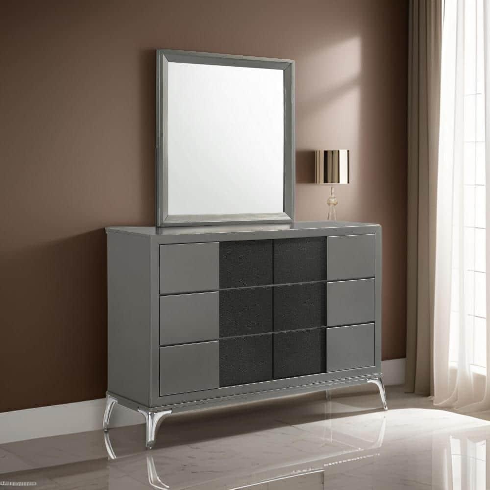 Benjara Rya 56 Inch Modern Wide Dresser with 6 Drawers, Gray Wood, Chrome
