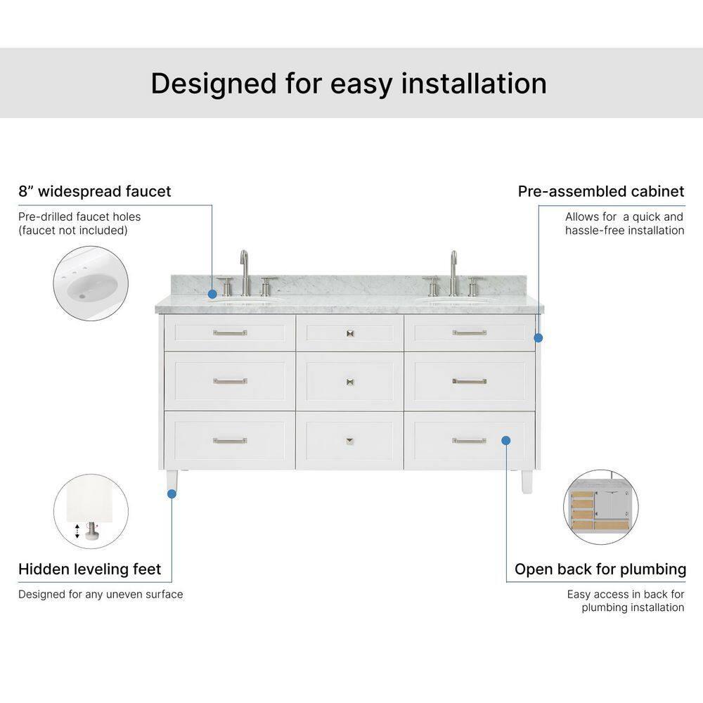 ARIEL Monrow 73 Double Sink Bathroom Vanity with Italian Carrara Marble Top
