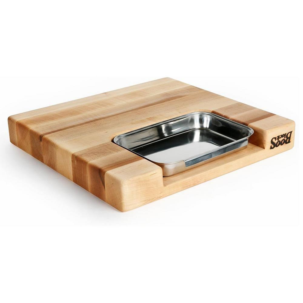 John Boos Boos Block Newton Prep Master Reversible Wood Cutting Board with Juice Groove and Pan, 2.25-Inch Thickness, 15" x 14" x 2 1/4", Maple