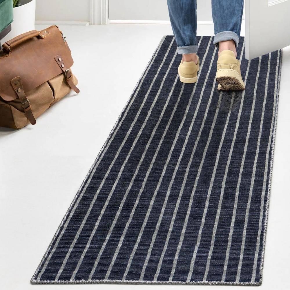 2' x 8' Rand Distressed Ticking Stripe Machine-Washable Runner Rug, Navy/Ivory - JONATHAN Y