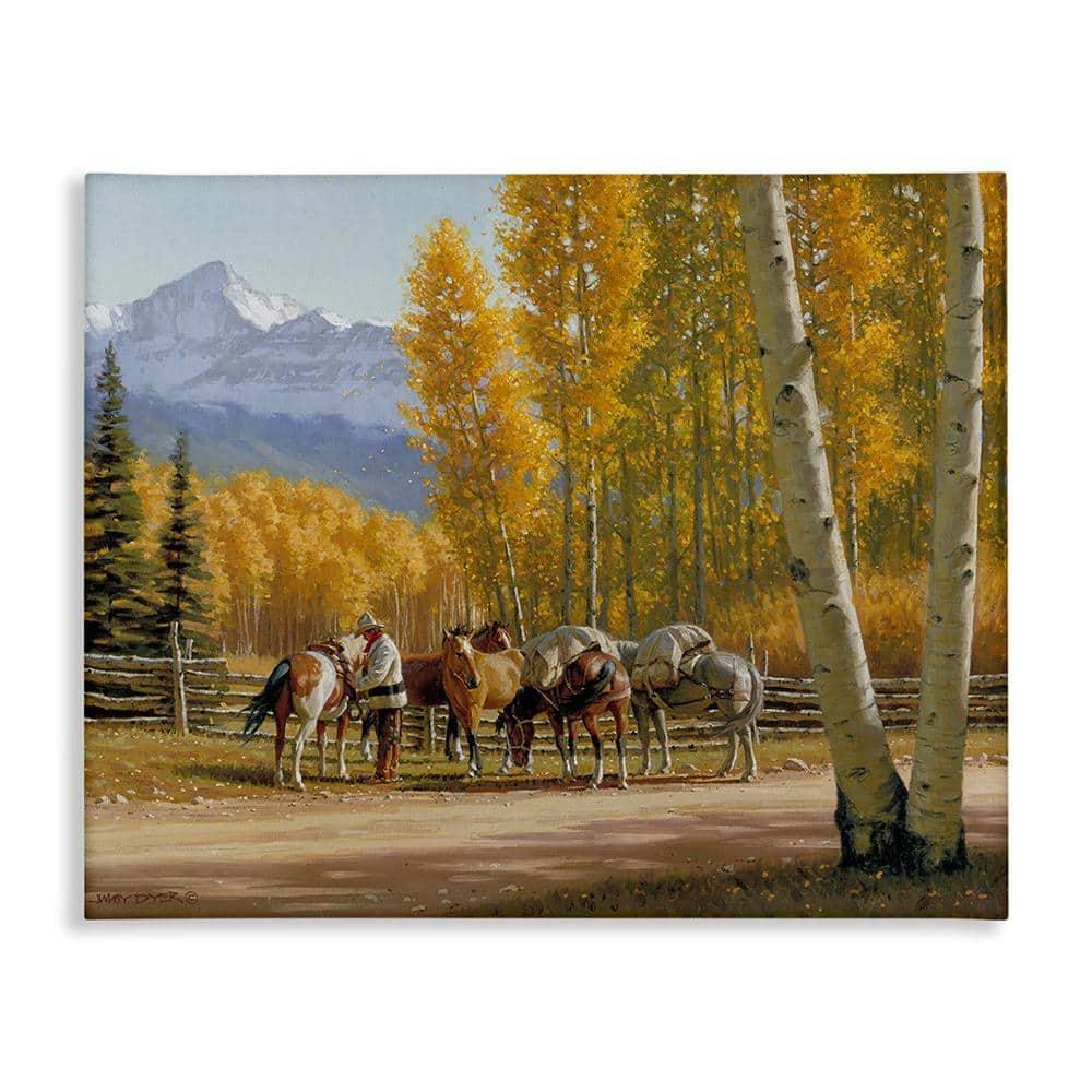 Stupell Industries Horses with Fall Foliage Landscape Painting Gallery Wrapped Canvas Art Print Wall Art, 20 x 16