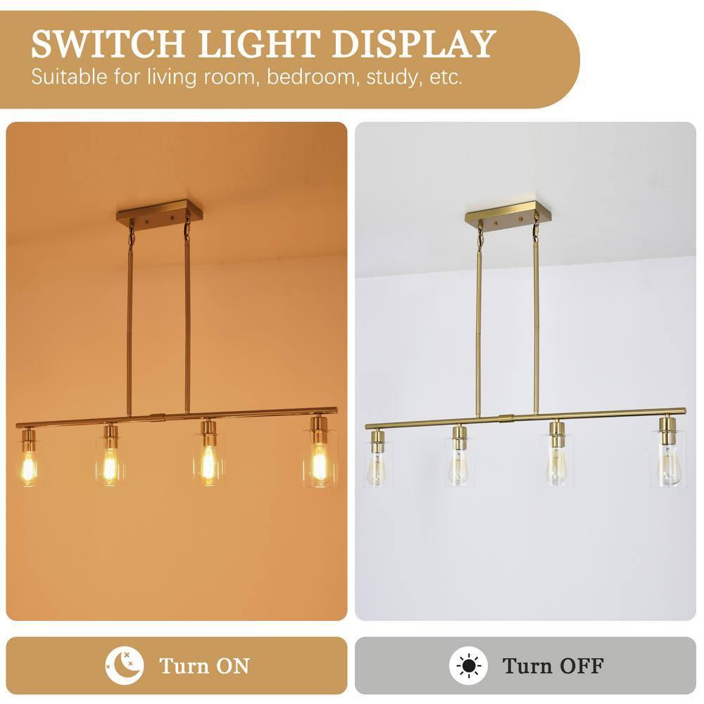 Modern Gold Kitchen Island Chandelier 4-Light Brushed Brass Farmhouse Pendant Light Industrial Kitchen Island Lighting Fixture with Glass Shades Hanging Lamp for Dining Living Room