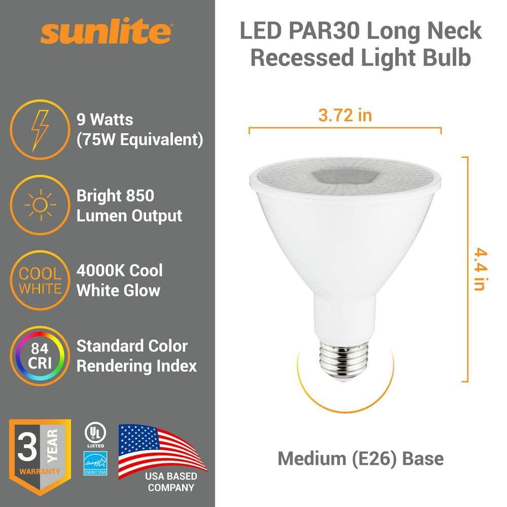 Sunlite LED PAR30 Long Neck Light Bulb, 9 Watt (75W Equiv), Medium E26 Base, Dimmable, Frosted, UL Listed, 4000K Cool White, 6-Pack