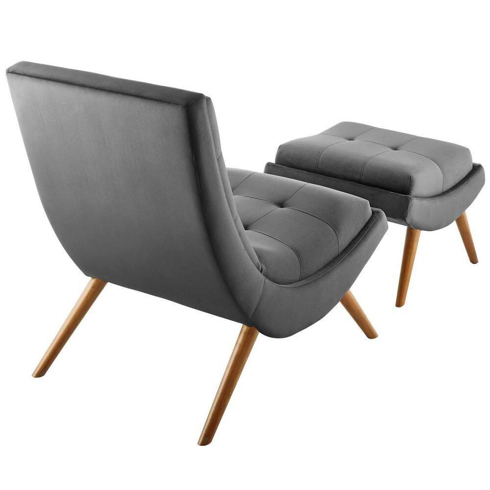 Modway Ramp Performance Velvet Lounge Chair and Ottoman Set in Gray