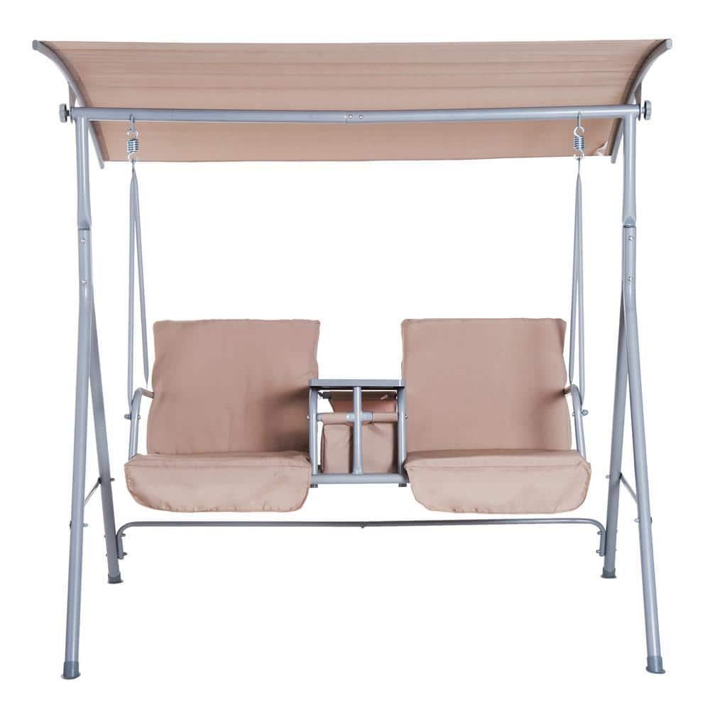 Outsunny 2 Person Porch Swing with Stand, Outdoor Swing with Canopy, Pivot Storage Table, 2 Cup Holders, Cushions for Patio, Backyard, Beige