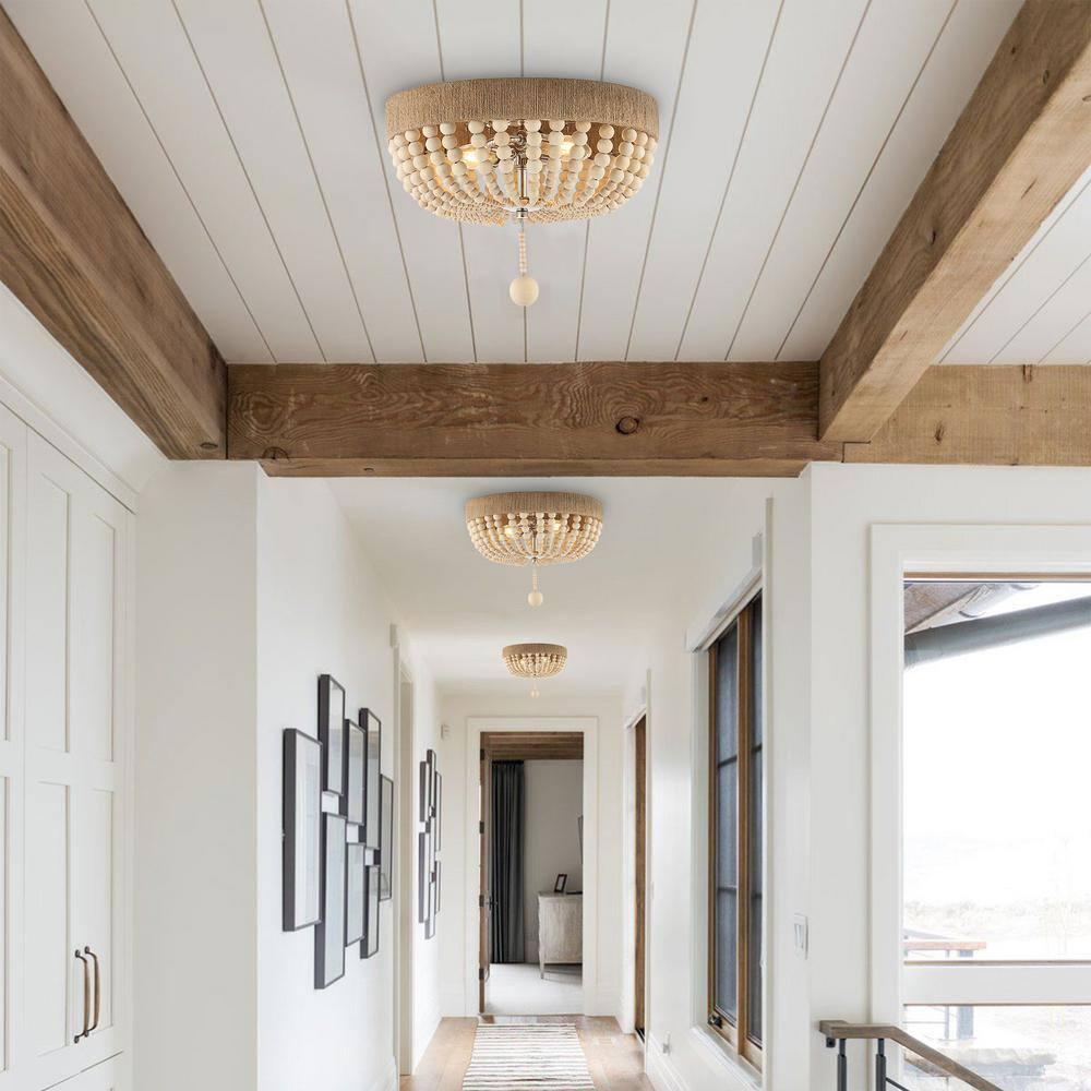 JONATHAN Y Justina Wood Bead 14" 2-Light Farmhouse Bohemian Iron LED Flush Mount, Light Taupe/Chrome, JYL1307A