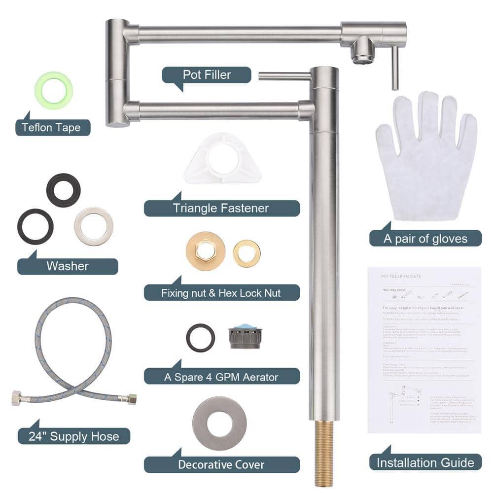 Wowow Pot Filler Faucet Deck Mount Stove Faucet, Solid Brass Pot Filler Brushed Nickel Kitchen Folding Faucet