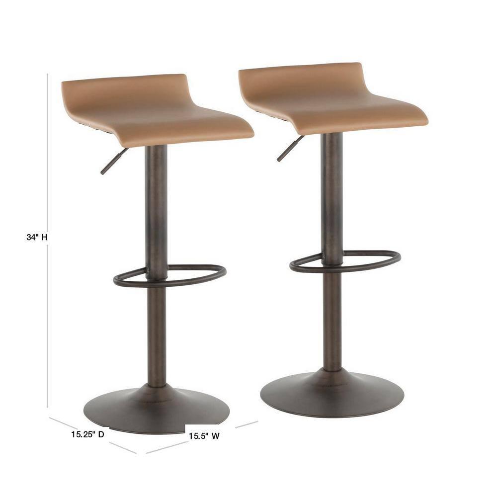 LumiSource Set of 2 Ale Industrial Adjustable Barstools Antique/Camel:: Swivel Seat, Metal Base, Faux Leather Upholstery