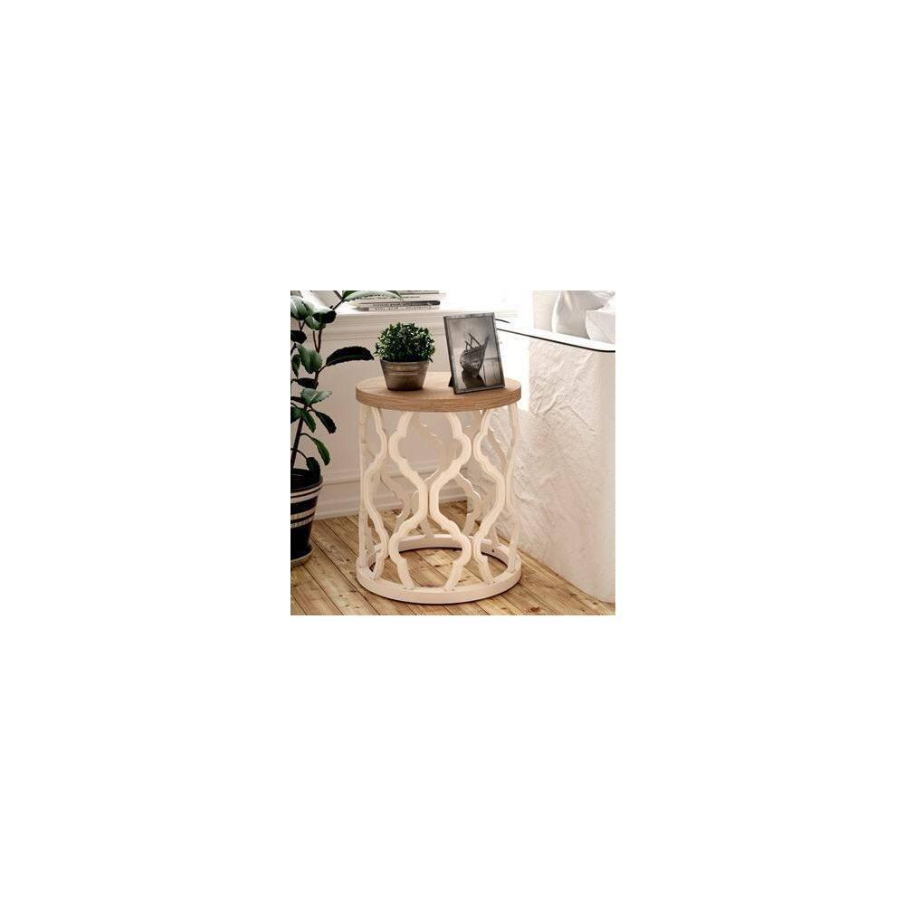 COZAYH Mesa Auxiliar Rústica Mesa Auxiliar con Tapa de Madera Desgastada y Base de Marco con Motivo Curvo para Decoración Boho, de Granja, Redonda, Natural