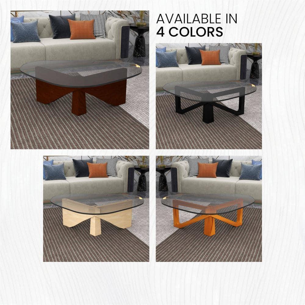 LeisureMod Imperial Collection Triangular Glass Top Coffee Table with Glossy Ash Wood Base for Home, Living Room, Office
