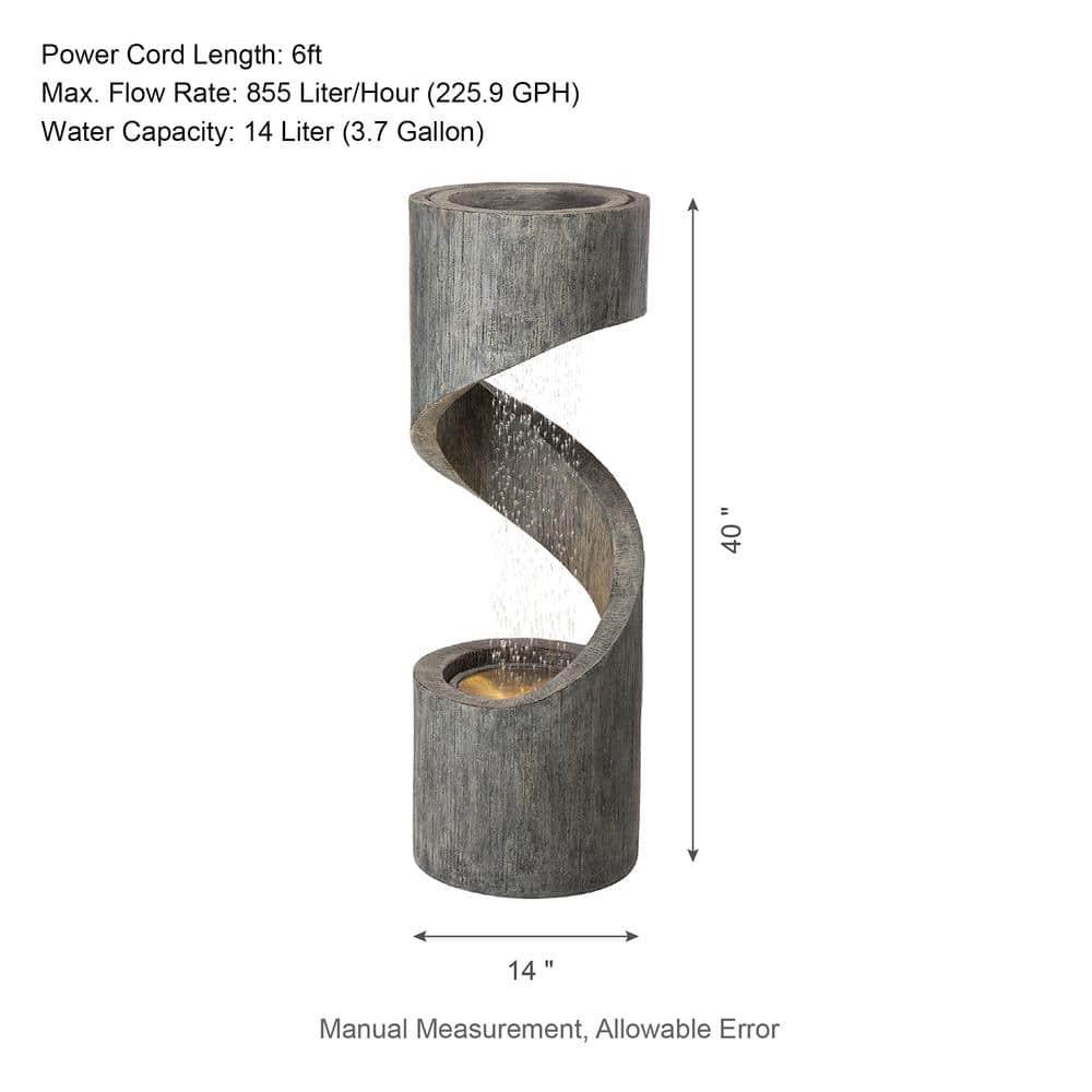 Rustic Curved 40" Outdoor Fountain with LED Light in Stone