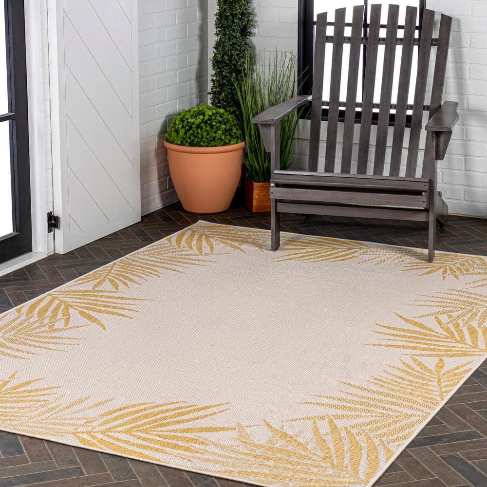 JONATHAN Y Isla Coastal Cottage Palm Frond Border Yellow/Cream 3 ft. x 5 ft. Indoor/Outdoor Area Rug